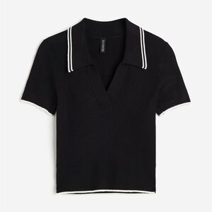 H&M Black Knit Polo Top with White Trim